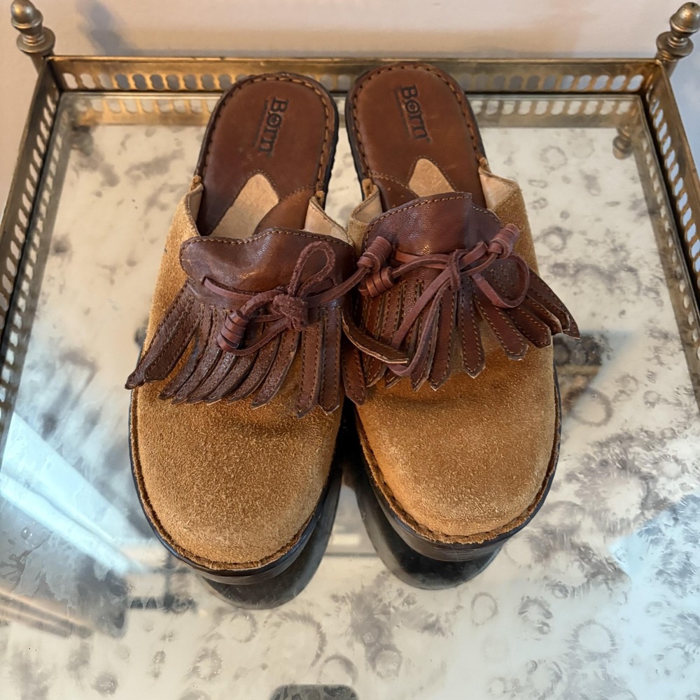 Born Shoes Womens Size 8 Brown Suede Clog Mule Platform Fringe Kiltie W2605 - Picture 2 of 8